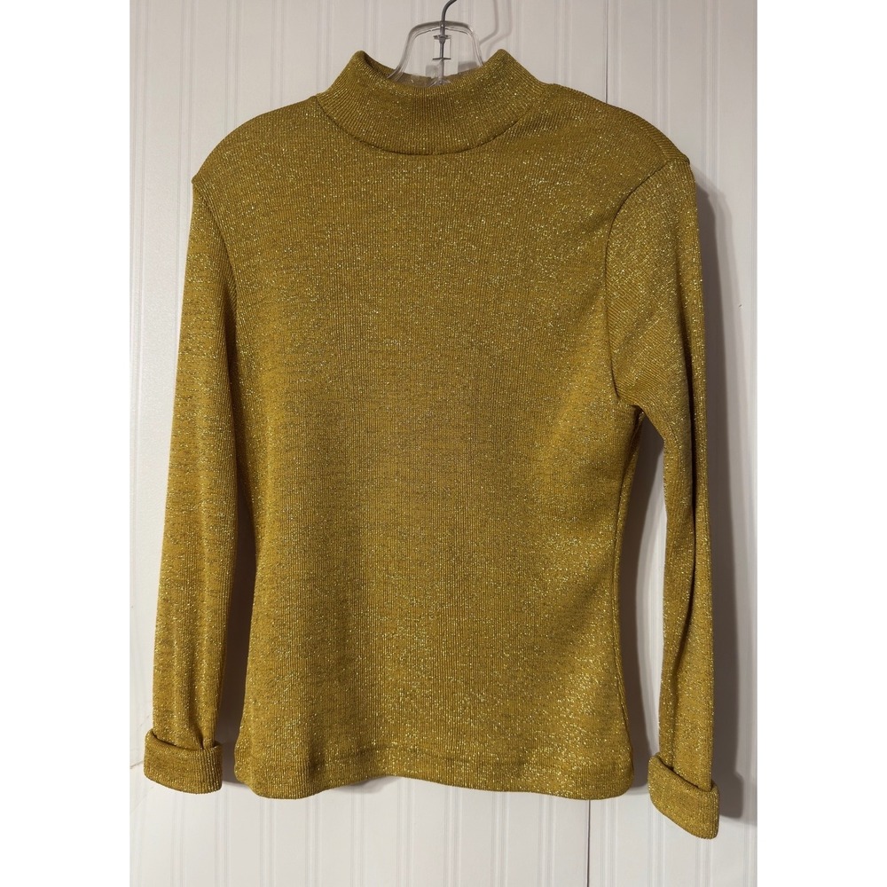 Lew Magram‎ Vintage Gold Metallic Lurex Mock Neck Top Long Sleeve Ribbed Large